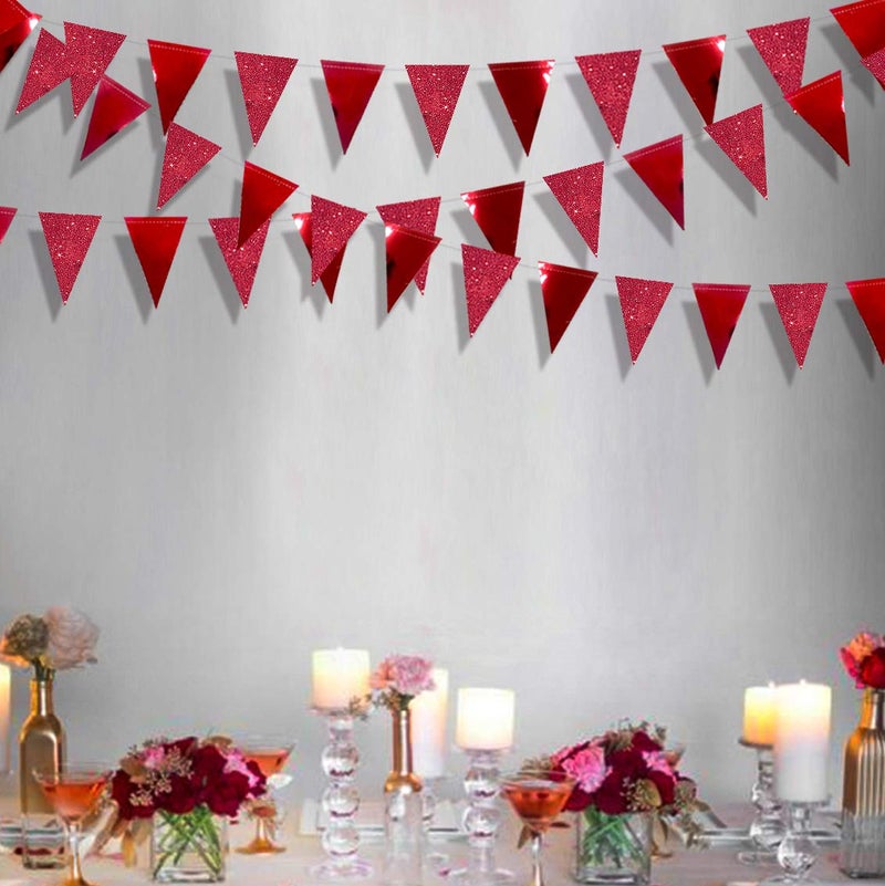 pinkblume 30Ft Red Party Decorations Glitter Metallic Paper Triangle Banner Flag Pennant Bunting for Graduation Wedding Engagement Anniversary Bachelorette Birthday Bridal Shower Valentines Hen Party Supplies - Image 5